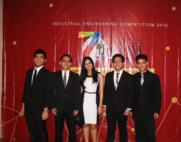 Four UP students win an international industrial engineering competition held in Bandung, Indonesia last January 9 to 17. The team is composed of (from L-R) James Renier Domingo, Daniel Roi Agustin, Arizza Ann Nocum, and Dominic Aily Ecat. They are graduating students of the Department of Industrial Engineering and Operations Research of the University of the Philippines-Diliman. They are guided by their coach Simon Lorenzo (rightmost).