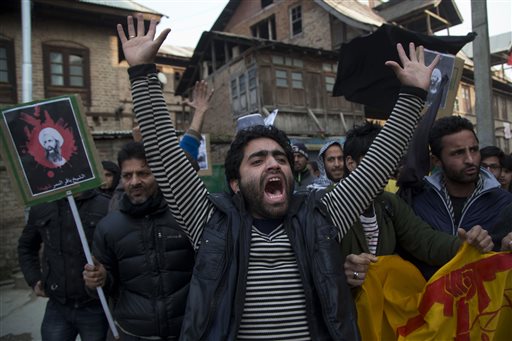 A Kashmiri Shiite Muslim man shouts slogans against the execution of Sheikh Nimr al-Nimr, during a protest in Srinagar, Indian controlled Kashmir, Saturday, Jan. 2, 2016. Hundreds of Shiite Muslims in Indian portion of Kashmiri rallied in the Shia dominated areas protesting against Saudi Arabia, after they announced on Saturday it had executed 47 prisoners convicted of terrorism charges, including al-Qaida detainees and a prominent Shiite cleric who rallied protests against the government. (AP Photo/Dar Yasin)