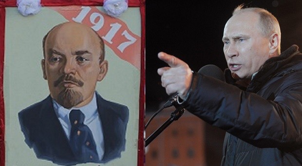 Russian Communists hold red flags and a portrait of Soviet state founder Vladimir Lenin as they gather for a demonstration to mark the 98th anniversary of the Bolshevik revolution in Moscow, Russia, Saturday, Nov. 7, 2015. For decades Nov. 7 used to be a holiday celebrating the 1917 Bolshevik Revolution and which is no longer a public holiday in Russia.  (AP Photo/Ivan Sekretarev)