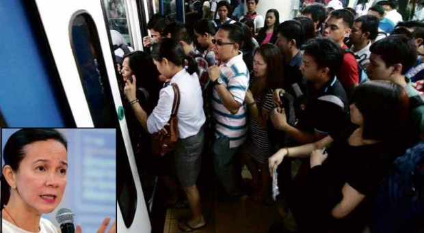 TRAIN OF ANGRY THOUGHTS In TV ads pushing her candidacy for president, Sen. Grace Poe (inset) has used the image of the long-suffering MRT riders as a symbol of what ails the country’s mass transport system. LYN RILLON/JILSON SECKLER TIU