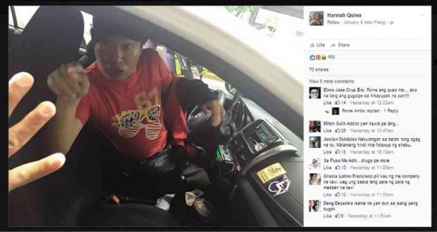 SCREENGRAB of Hannah Quiwa’s Facebook post on Jan. 8 shows the subject of her complaint, Premium Taxi cab driver Rolando Camara, arguing with her and her father over the P50 additional fare the former was demanding.      Facebook.com