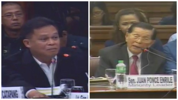 FACEOFF: Senator Juan Ponce Enrile (right) questions the priority of retired AFP chief Gregorio Pio Catapang during the reopening of the Senate's Mamasapano probe. YOUTUBE SCREENGRAB 