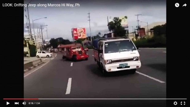  “SHOW-OFF” DRIVING  The “patok” jeepney as caught on video zigzagging on Marcos Highway. The driver’s daredevil ways are now a cause of trouble for the public utility vehicle’s owner. Screengrab from wheninmanila.com