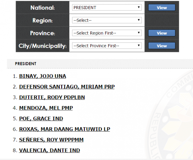 SCREENGRAB FROM THE COMELEC WEBSITE