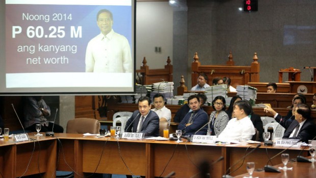 Sen. Antonio Trillanes and Sen. Koko Pimentel watch a presentation during the blue ribbon committe hearing regarding the alleged P1.601 billion overpricing of the 11 storey new Makati Cityhall parking building and the alleged irregular transcations entered into by the HDMF/PAGIBIG Fund and the Boy Scout of the Philippines under the leadership of Vice President Jejomar Binay at the senate on Tuesday, January 26, 2016. INQUIRER PHOTO / GRIG C. MONTEGRANDE