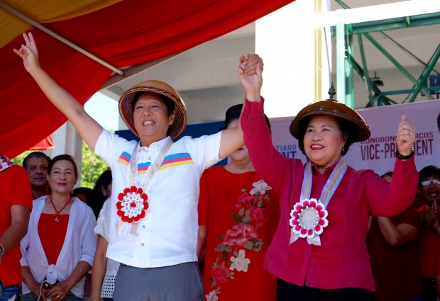 Presidential candidate Senator Miriam Defensor Santiago and vice presidential candidate Senator Ferdinand "Bongbong" Marcos during the proclamation rally at Imelda Cultural Center, Batac City, Ilocos Norte, February 9, 2016, during the start of the 90-day campaign period. INQUIRER PHOTO / NIÑO JESUS ORBETA