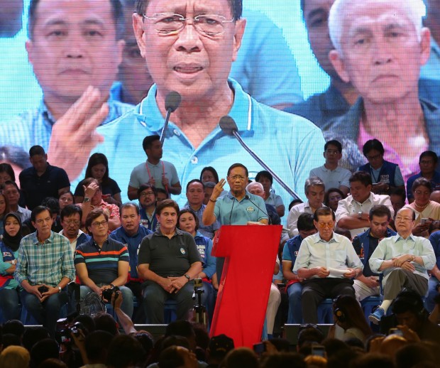 FEBRUARY 09, 2016 Campaign kick-off of VP Jejomar Binay for president and Sen. Gringo Honasan vie-president held in Nueve de Pebrero, Brgy. Addition Hills, Mandaluyong City: Binay delivering his speech. INQUIRER PHOTO/LYN RILLON