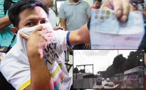 ‘RECKLESS’ Roel Labin, a former trucker hired by a bus firm two weeks ago, shows his traffic violation ticket at the LTFRB office on Wednesday. His troubles began when a Facebook video (inset) surfaced showing his bus hitting lane barriers on Edsa on Feb. 1.  GRIG C. MONTEGRANDE/SCREENGRAB FROM TOP GEAR PHILIPPINES 