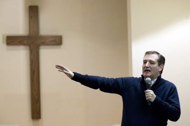 Republican presidential candidate, Sen. Ted Cruz, R-Texas, speaks during a campaign event at the Grace Baptist Church, Monday, Feb. 1, 2016, in Marion, Iowa. (AP Photo/Mary Altaffer)