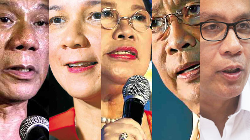 Presidential aspirants Davao City Mayor Rodrigo Duterte, Senator Grace Poe, Senator Miriam Defensor-Santiago, Vice President Jejomar Binay and Mar Roxas. FILE PHOTOS