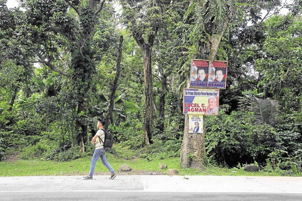 HURTING TREES Even before the official campaign period for the May 9 elections started, campaign materials of local and national candidates have been posted on trees lining a highway in Legazpi City in Albay province. MARK ALVIC ESPLANA / INQUIRER SOUTHERN LUZON