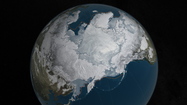 This image provided by NASA shows Arctic sea ice at it maximum, the lowest on record. The winter maximum level of Arctic sea ice shrank to the smallest on record, thanks to extraordinarily warm temperatures, federal scientists said. The National Snow and Ice Data Center says sea ice spread to a maximum of 5.607 million square miles in 2016. That’s 5,000 square miles less than the old record set in 2015, a difference slightly smaller than the state of Connecticut. NASA via AP)