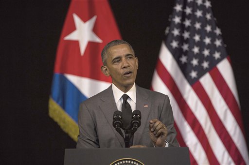 U.S. President Barack Obama delivers his speech at the Grand Theater of Havana, Tuesday, March 22, 2016. Obama who is in Cuba in a trailblazing trip said he came to Cuba to "bury the last remnant of the Cold War in the Americas.” (AP Photo/Desmond Boyland)