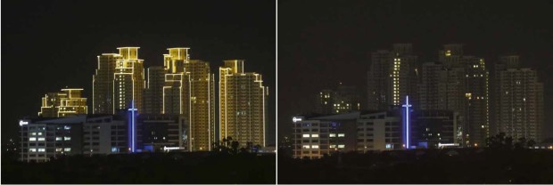 EARTH HOUR Condominiums at The Grove by Rockwell in Pasig City are shown before (left) and after (right) the switch-off of lights during Earth Hour, a globalmovement dedicated to protecting the planet and highlighting the effects of climate change. Cities around the world turned off the lights Saturday night to mark the 10th annual Earth Hour.  RAFFY LERMA
