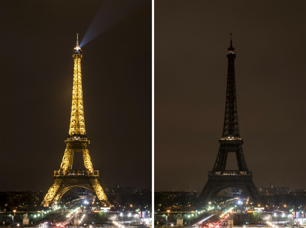 COMBINATION PHOTO - This combination photo shows the Eiffel Tower before and after its lights were turned off to mark Earth Hour in Paris, France, Saturday, March 19, 2016. Cities around the world were turning out the lights Saturday evening to mark the 10th annual Earth Hour, a global movement dedicated to protecting the planet and highlighting the effects of climate change. (AP Photo/Kamil Zihnioglu)