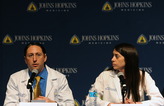 Dr. Dorry Segev, left and Dr. Christine Durand answer questions about the first ever HIV-positive liver transplant in the world during a news conference at Johns Hopkins hospital, March 30, 2016 in Baltimore. Johns Hopkins University announced Wednesday that both recipients are recovering well after one received a kidney and the other a liver from a deceased donor, organs that ordinarily would have been thrown away because of the HIV infection. (AP Photo/Gail Burton)