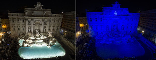 In this two-picture combo, the Trevi fountain is seen at left with its light on, and at right with its lights off, on the occasion of the 10th annual Earth Hour, in Rome, Saturday, March 19, 2016. In several Italian cities officials switched off lights normally illuminating major monuments in a global movement dedicated to protecting the planet and highlighting the effects of climate change.  (Giorgio Onorati/ANSA via AP) ITALY OUT