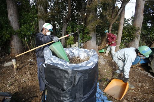 In this Feb. 24, 2016 photo, workers clean radioactive soils and plants at a private house's garden in Minamisoma, Fukushima Prefecture, northeastern Japan. It is a job for the desperate. Some 7,000 day laborers are cleaning up this irradiated town just north of the Fukushima nuclear plant, wiping roof tiles and removing soil and plants in a seemingly never-ending battle against winds that bring fresh contamination. When they die, their remains sometimes go unclaimed. Their work is hazardous, and costly, and some wonder whether it is worth it for a place that people may never want to move back to. (AP Photo/Shizuo Kambayashi)