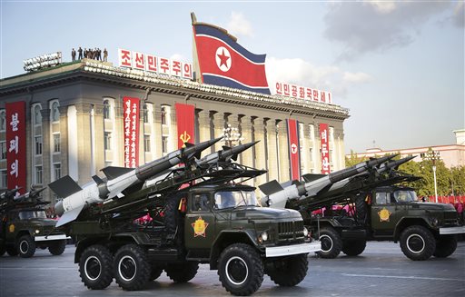 In this Saturday, Oct. 10, 2015, photo, missiles are paraded in Pyongyang, North Korea during the 70th anniversary celebrations of its ruling party's creation. With tensions high and the United States and South Korea preparing to hold their massive annual wargames, Pyongyang is warning it will respond to any violations of its territory with merciless retaliation, including strikes on Seoul and the U.S. mainland itself. (AP Photo/Wong Maye-E)