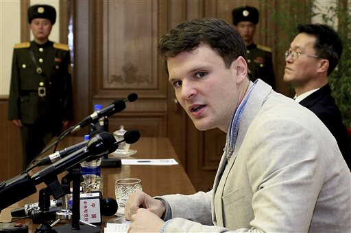 In this Feb. 29, 2016, file photo, American student Otto Warmbier speaks as he is presented to reporters in Pyongyang, North Korea. North Korea's highest court on Wednesday, March 16, 2016, sentenced Warmbier, who allegedly attempted to steal a propaganda banner from a restricted area of his hotel, to 15 years of hard labor in prison. (AP Photo/Kim Kwang Hyon, File)