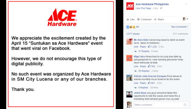 Screengrab from Ace Hardware Philippines' Facebook page