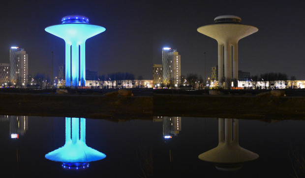 COMBINATION PHOTO - This combination photo shows the Hyllie water tower lit, left, and with the lights turned off to mark Earth Hour in Malmo, Sweden, Saturday, March 19, 2016. Cities around the world were turning out the lights Saturday evening to mark the 10th annual Earth Hour, a global movement dedicated to protecting the planet and highlighting the effects of climate change. (Johan Nilsson/TT News Agency via AP)     SWEDEN OUT