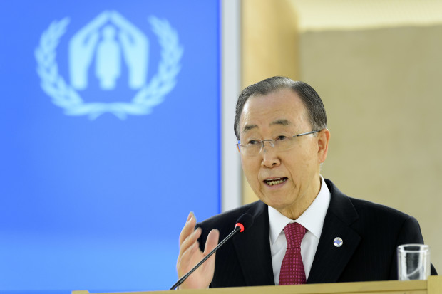 United Nations Secretary General Ban Ki-moon delivers a speech during a one-day conference meant to further efforts to resettle Syrian refugees at the United Nations in Geneva, Switzerland, Wednesday, March 30, 2016. Ban Ki-moon is urging governments around the globe to let in more people from Syria and counter fearmongering about refugees. (Martial Trezzini/Keystone via AP)