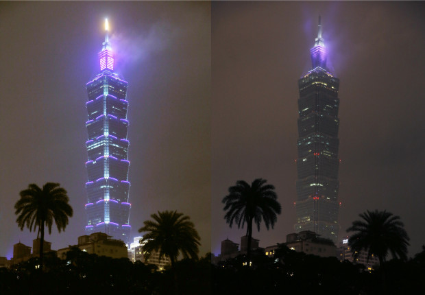 This combo photo shows the Taipei 101 skyscraper with its lights on and off to mark Earth Hour in Taipei, Taiwan, Saturday, March 19, 2016. Cities around Asia were turning out the lights Saturday evening to mark the 10th annual Earth Hour, a global movement dedicated to protecting the planet and highlighting the effects of climate change. (AP Photo/Wally Santana)