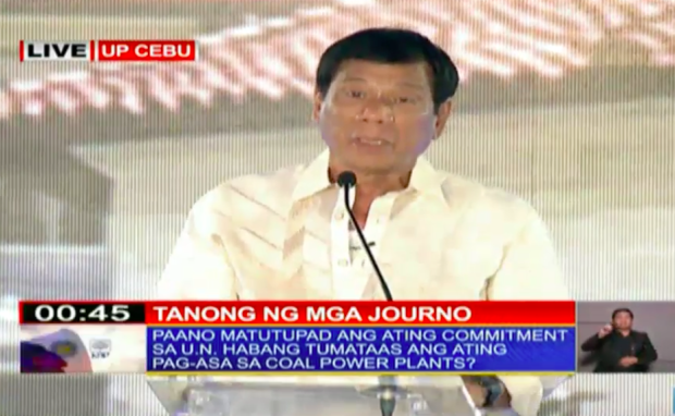Davao City mayor Rodrigo Duterte talks about UN's stand vs coal plants. SCREENGRAB FROM TV