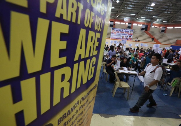 February 26, 2016 Job Fair- Job seekers troop to the San Andres Gym in Manila, during the Mega Manila Job fair as unemployment rate this January is 5.7, a slight lower percentage from last year's 6.5 percent. The government is also concerned about an estimated 1.5 million Filipinos classified as temporary workers in the Middle East  likely to lose their jobs if the region’s oil industry starts to shed personnel idled by overcapacity, according to Labor Secretary Rosalinda Baldoz. INQUIRER/ MARIANNE BERMUDEZ