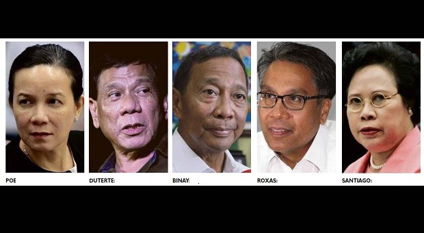 Presidential bets Senator Grace Poe, Davao City Mayor Rodrigo Duterte, Vice President Jejomar Binay and Senator Miriam Defensor-Santiago. FILE PHOTOS