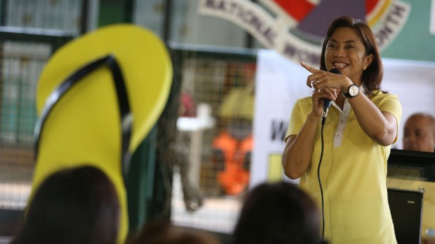 Vice Presidential bet Leni Robredo speaks to the crowd during the National Women's Month celebration held at the covered court of Barangay Loyola Heights, Quezon City, February 29, 2016. INQUIRER PHOTO / NINO JESUS ORBETA