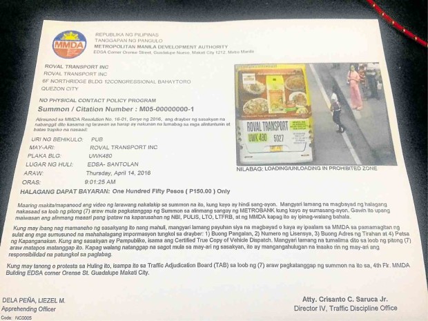 LETTER FROM ‘BIG BROTHER’   A sample of the summons to be sent by the MMDA to the owner or driver of the vehicle cited for a traffic violation and recorded by any of the more than 650 cameras set up by the agency on major thoroughfares across the capital.  Maricar B. Brizuela 