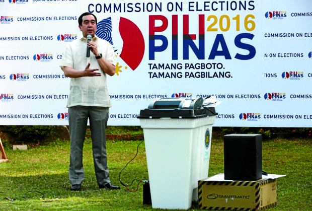 DEMO OF THE VOTE COUNTING MACHINE / APRIL 4, 2016 Commission on Elections (COMELEC) Chairman Andres Bautista speaks during the special demonstration for diplomats of the vote counting machine to be used in the 2016 National and Local Elections at the Baluarte de San Diego Gardens in Intramuros, Manila on Monday, April 4, 2016. INQUIRER PHOTO / GRIG C. MONTEGRANDE