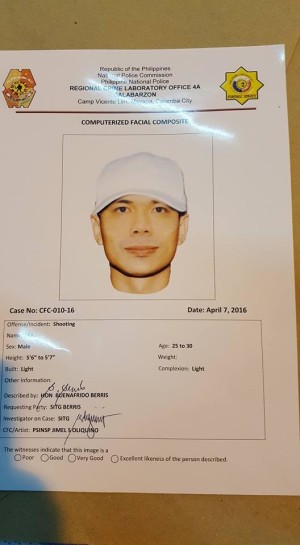This is the computerized facial composite of the suspected gunman in an attempt on the life of Calauan, Laguna Mayor Buenfrido Berris. (Photo courtesy of the Philippine National Police Calabarzon)