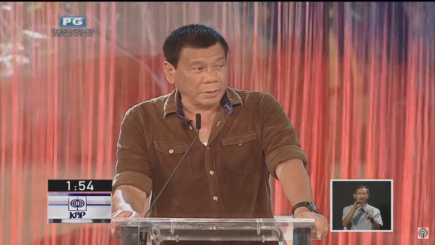 Presidential bet Davao City Mayor Rodrigo Duterte at the presidential debate in Pangasinan. SCREENGRAB FROM ABS-CBN