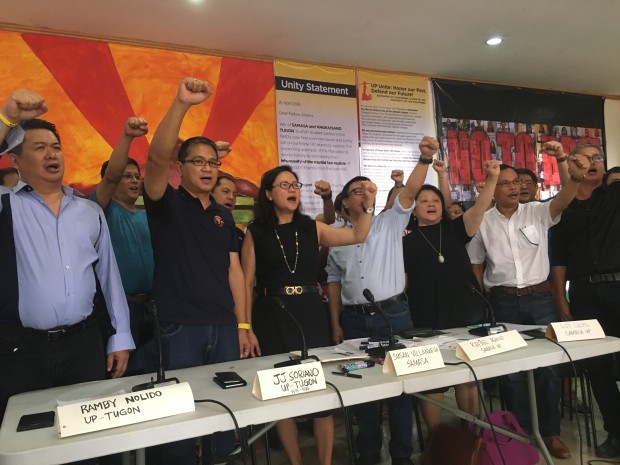 'NEVER AGAIN' Members of two rival political parties from the University of the Philippines set aside their differences to oppose the vice presidential bid of Senator Bongbong Marcos. YUJI VINCENT GONZALES/INQUIRER.net