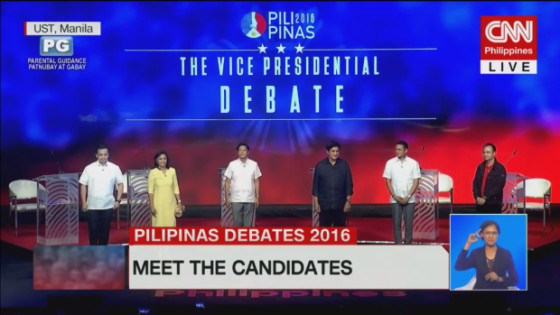 Vice presidential aspirants are introduced during the debate at the University of Santo Tomas. SCREENGRAB FROM CNN'S LIVESTREAM
