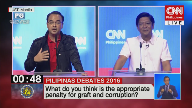 Vice presidential aspirants Alan Peter Cayetano and Bongbong Marcos get in a heated argument during the vice presidential debate. SCREENGRAB FROM CNN LIVESTREAM 