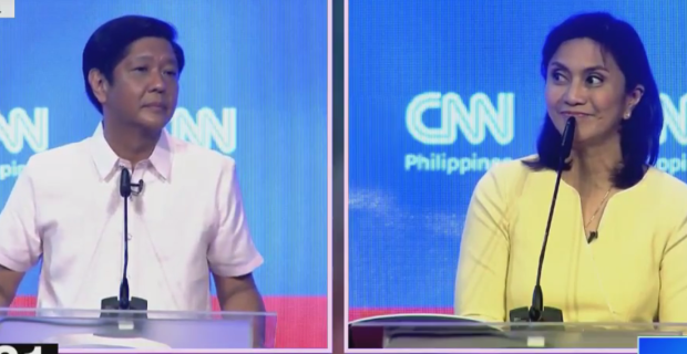 Vice Presidential aspirants Bongbong Marcos and Leni Robredo talk about the alleged ill-gotten wealth of the Marcos family. SCREENGRAB FROM THE CNN LIVESTREAM