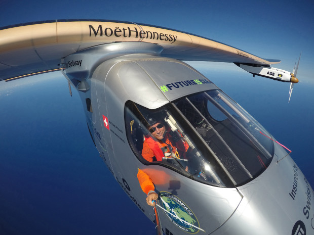 This April 9, 2016 photo provided by Bertrand Piccard via Global Newsroom shows Piccard taking a selfie on board Solar Impulse 2 during a test flight over the Pacific Ocean.  The solar-powered airplane on an around-the-world journey had traveled 80 percent of the way from Hawaii to California by Saturday, April 23.  The aircraft's destination on this leg of the journey is Mountain View, Calif., at the southern end of San Francisco Bay.  (Bertrand Piccard/Global Newsroom via AP)