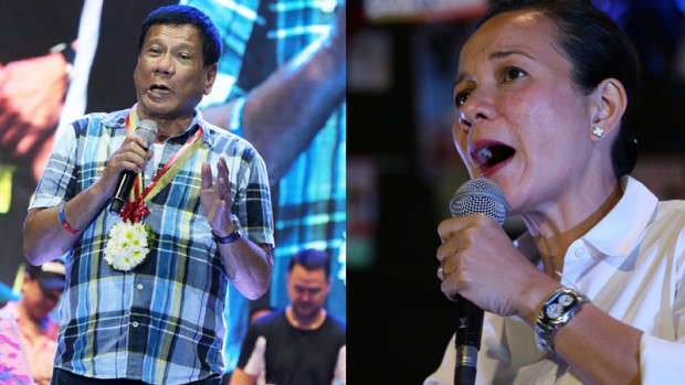 Presidential candidates Davao City Mayor Rodrigo Duterte and Senator Grace Poe. INQUIRER FILE PHOTOS/RAFFY LERMA
