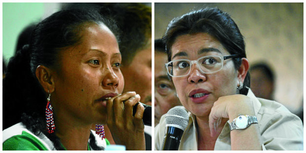 SENATE INQUIRY Arlyn Amar (left) tells a Senate hearing in Davao City on Thursday that she saw police treat drought-stricken farmers like dogs during the violent dispersal of a rally in Kidapawan City on April 1. North Cotabato Gov. EmmylouMendoza (right) denies ordering the dispersal. PHOTOS BY KARLOS MANLUPIG/INQUIRER MINDANAO