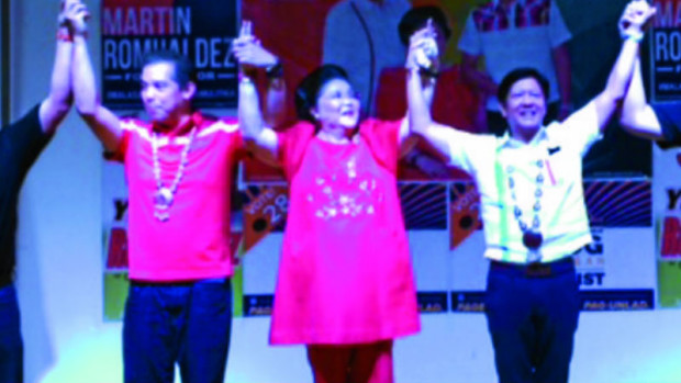TACLOBAN SORTIE Former first lady Imelda Marcos campaigns for her son, Ferdinand “Bongbong”Marcos Jr., and nephew, Leyte Rep. Ferdinand Martin Romualdez, at the RTR gymnasium in Tacloban City, a political bailiwick of the Marcoses and Romualdezes. JOEY S. GABIETA/ INQUIRER VISAYAS