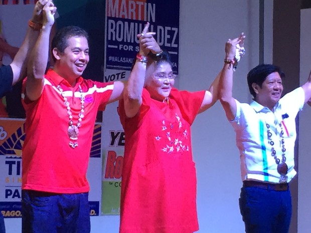 Ilocos Norte Representative and former First Lady Imelda Marcos campaigned for her son vice presidential candidate Sen. Ferdinand "Bongbong" Marcos Jr. in her hometown in Tacloban City on Saturday. She also campaigned for her nephew Leyte Representative Martin Romualdez, who is seeking a Senate seat.