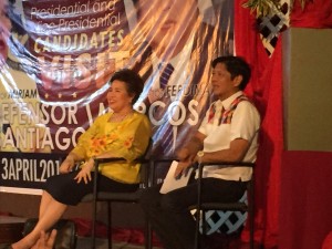 Presidential candidate Sen. Miriam Defensor- Santiago and running mate Sen. Ferdinand "Bongbong" Marcos Jr. on Wednesday at University of the Philippines Visayas in Iloilo. This is the third time they appeared together in public since the campaign launch on Feb. 9. FRANCES MANGOSING 