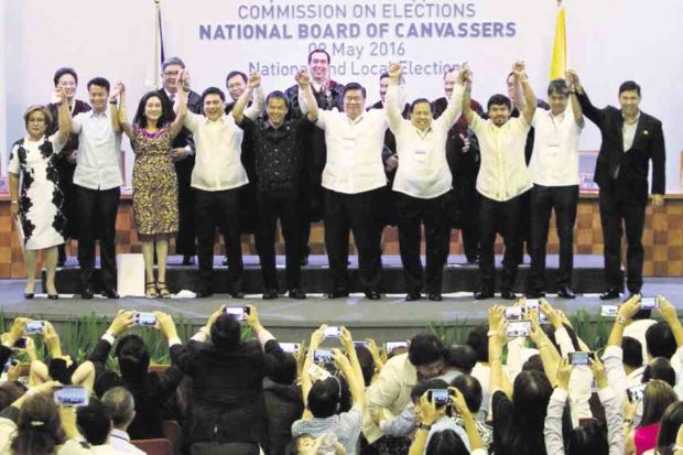NEWLY ELECTED SENATORS Leila de Lima, Sherwin Gatchalian, Risa Hontiveros, Migz Zubiri, Joel Villanueva, Frank Drilon, Richard Gordon, Manny Pacquiao, Francis Pangilinan and Ralph Recto are proclaimed winners of the senatorial race by the Commission on Elections acting as the national board of canvassers at the Philippine International Convention Center in Pasay City on Thursday. Not in attendance are Panfilo Lacson and Tito Sotto. RICHARD A. REYES