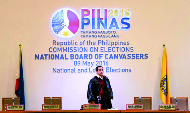 COMELEC Chairman Andres Bautista at the National Board of Canvassers in PICC, Pasay City. INQUIRER FILE PHOTO/LYN RILLON