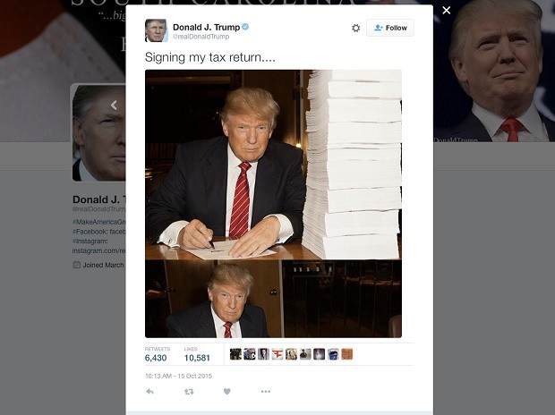 This image from Republican presidential candidate Donald Trump's campaign shows Trump signing his tax return. Trump says he won't release his tax returns until an ongoing audit wraps up, raising the intriguing question: What's he hiding? A speculative look at what he doesn't want voters to see. AP