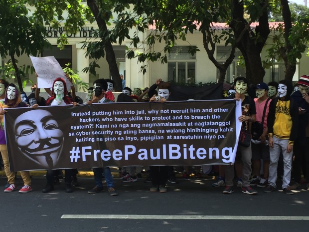 AnonymousPH calls for the release of their member Paul Z. Biteng currently under NBI detention./Tetch Torres-Tupas,INQUIRER.net